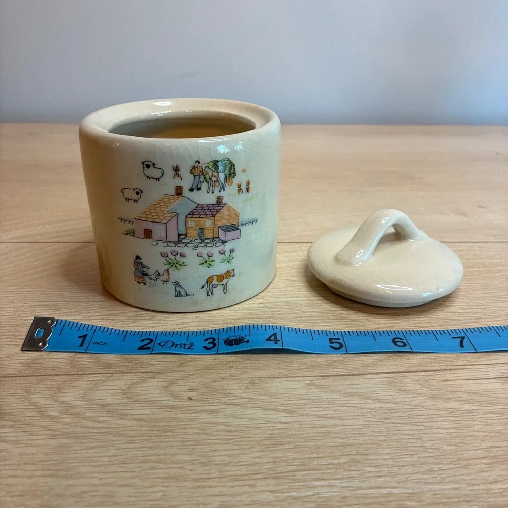 Vintage Folk Art Farm Scene Ceramic Sugar Bowl Canister with Lid Cream Crazed